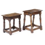 TWO OAK JOINT STOOLS 17TH CENTURY AND LATER one with an arcaded frieze, each with turned legs united