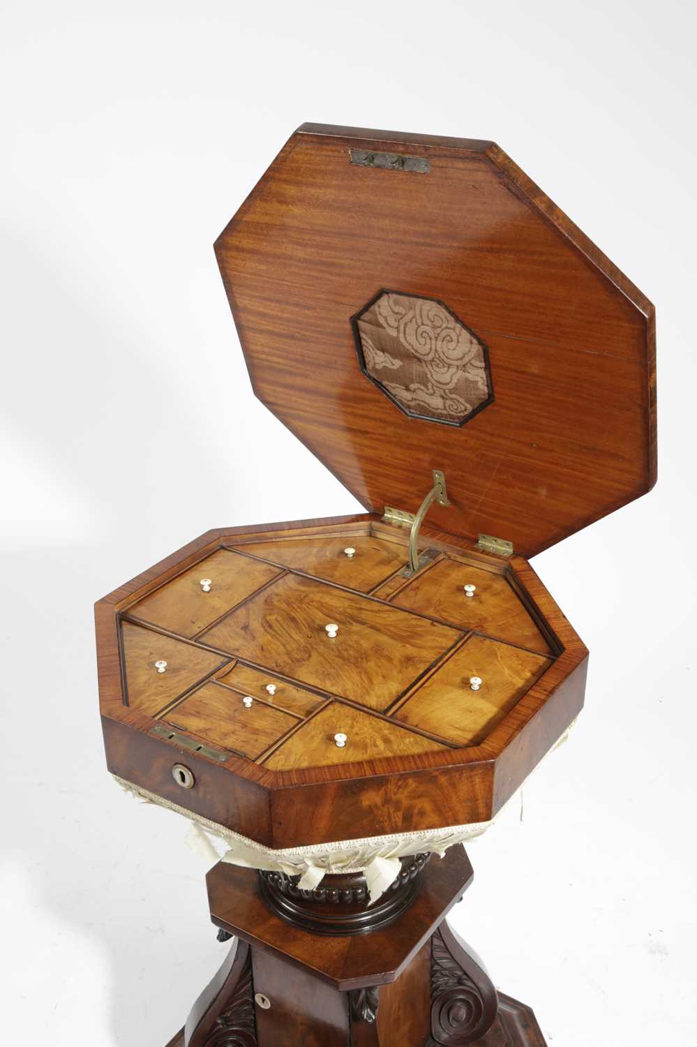 λ A BIEDERMEIER MAHOGANY WORK TABLE C.1840-1850the octagonal flamed veneered hinged top revealing - Image 2 of 3