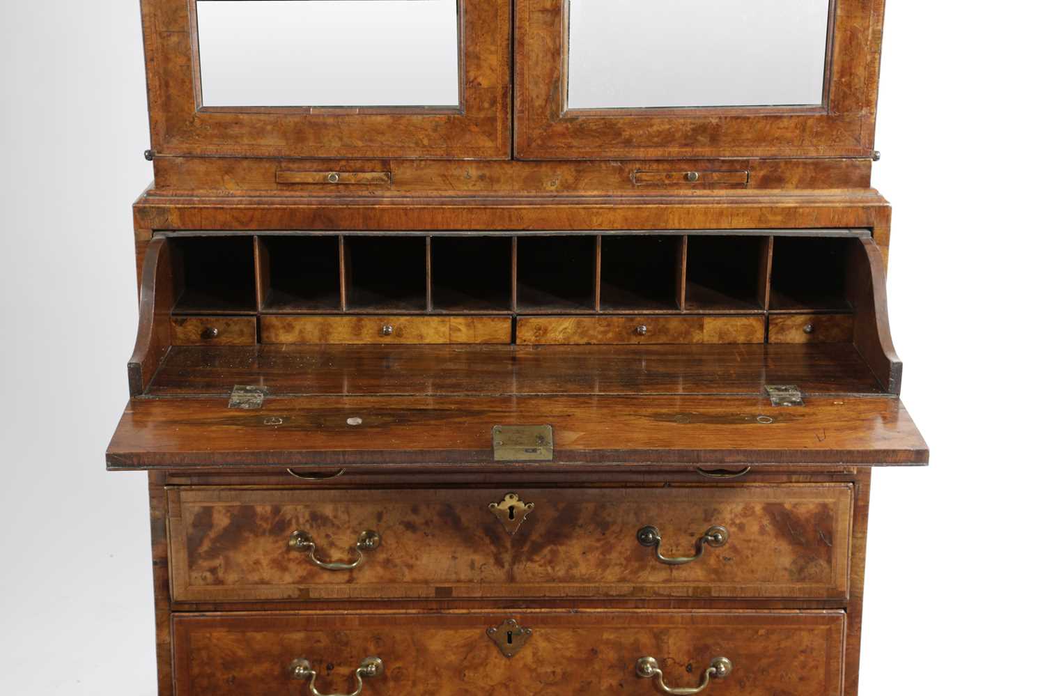 A GEORGE II BURR WALNUT AND WALNUT SECRETAIRE CABINET ON CHESTC.1730with cross and feather - Image 4 of 64