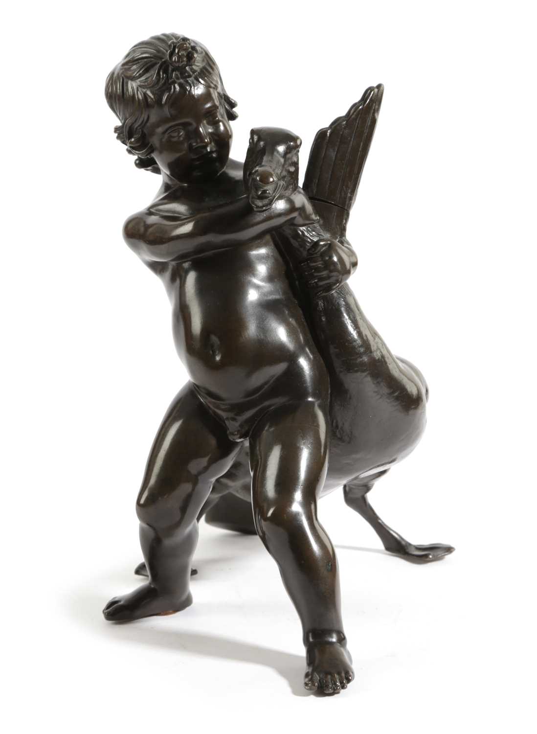 A BRONZE GRAND TOUR GROUP OF A CHERUB WRESTLING A GOOSE AFTER THE ANTIQUE, LATE 19TH CENTURY with