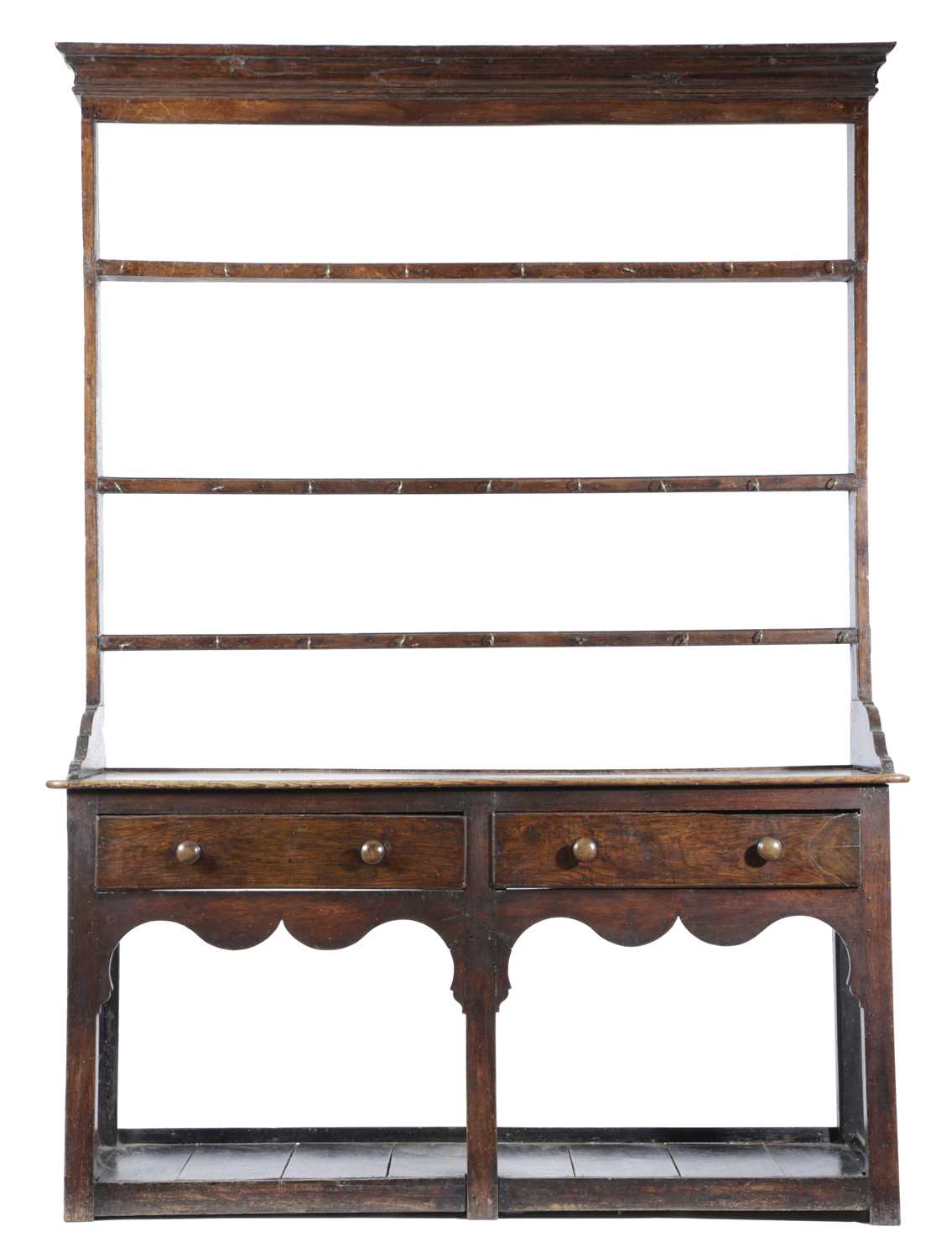 A GEORGE III WELSH OAK DRESSER LATE 18TH / EARLY 19TH CENTURY the plate rack with later brass