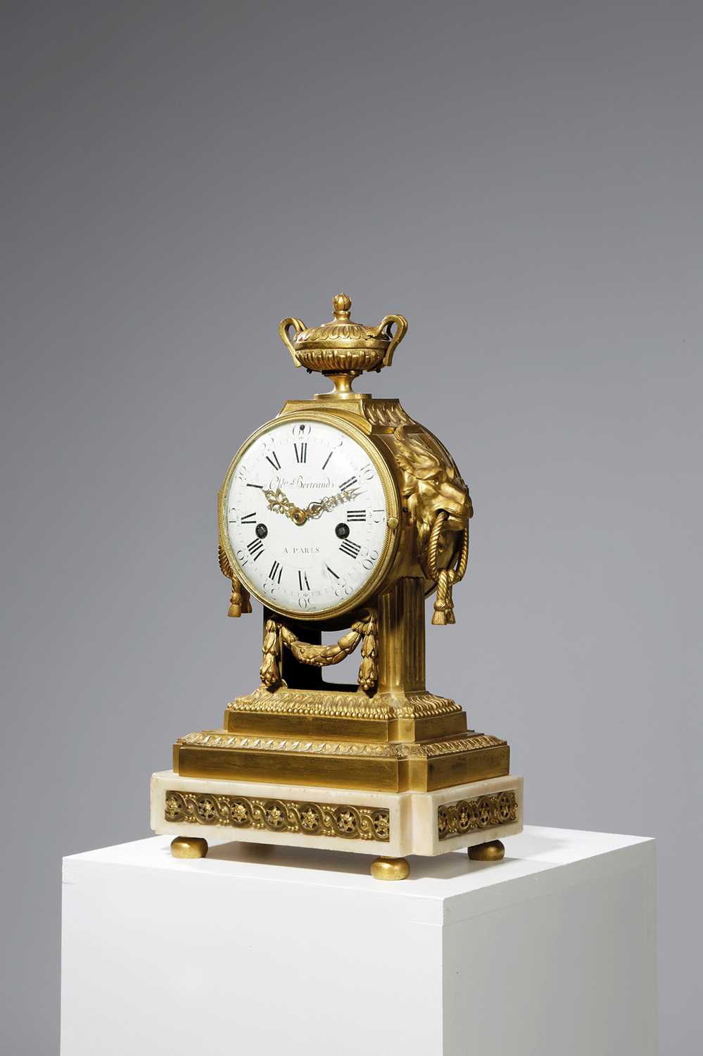 A FRENCH WHITE MARBLE AND ORMOLU MANTEL CLOCKBY CHARLES BERTRAND, PARIS, LATE 18TH CENTURYthe
