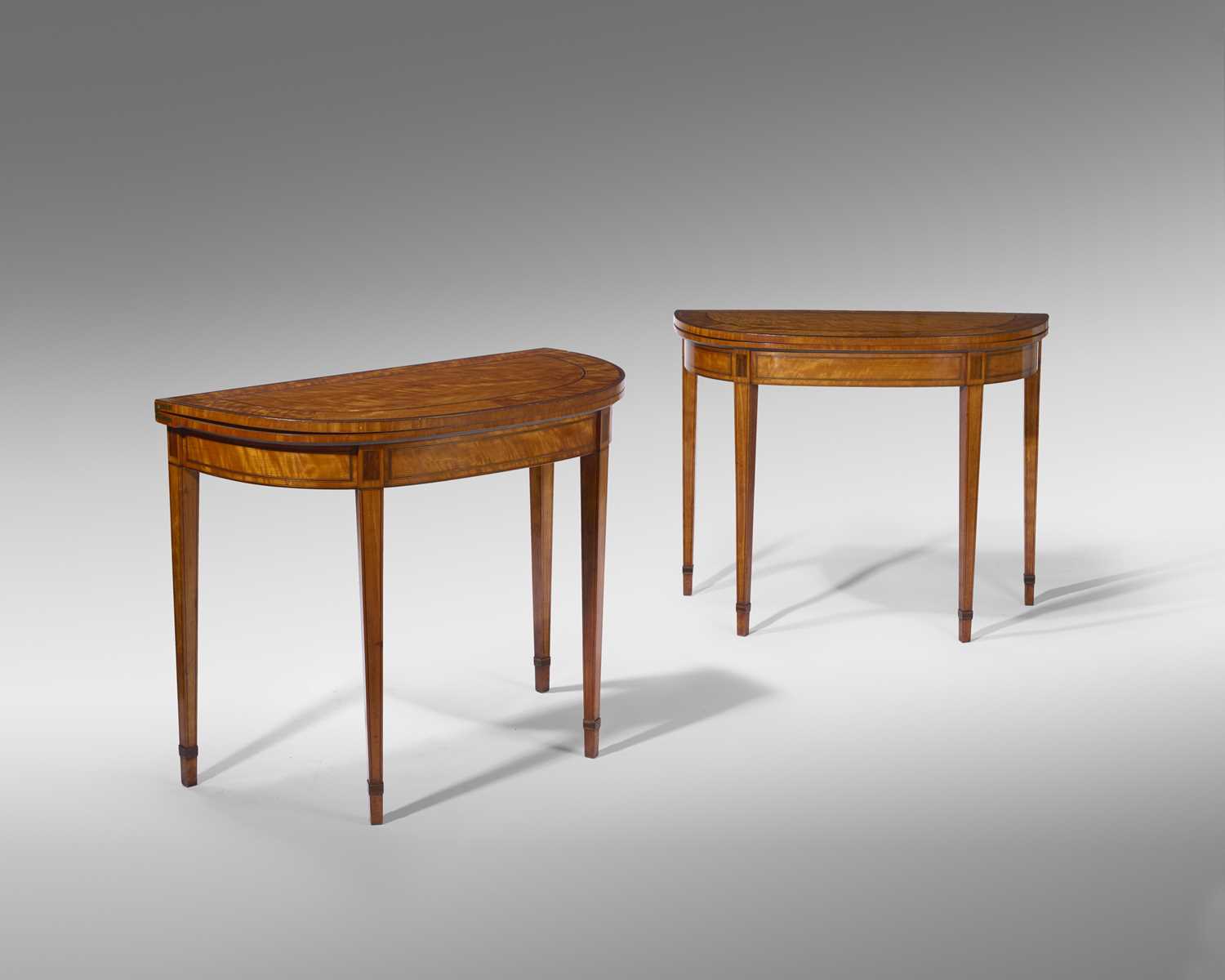 A PAIR GEORGE III SATINWOOD CARD TABLES LATE 18TH / EARLY 19TH CENTURY inlaid with stringing and