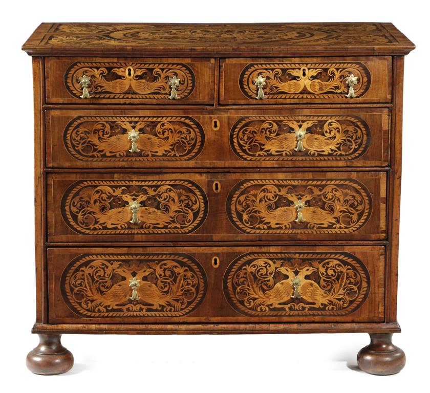 A WILLIAM AND MARY WALNUT MARQUETRY CHEST LATE 17TH CENTURY inlaid with panels of scrolling leaves - Image 5 of 6