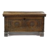 A SMALL BOARDED WALNUT COFFER SPANISH OR ITALIAN 17TH / 18TH CENTURY the hinged top revealing an