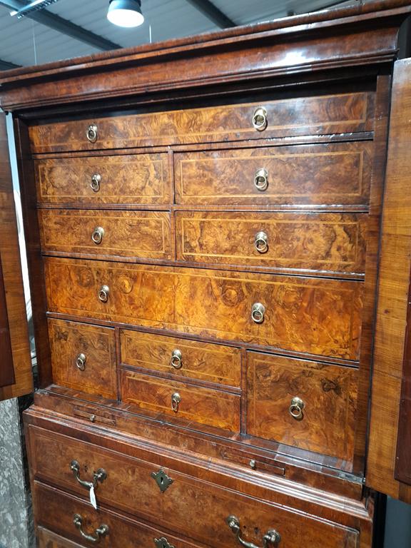 A GEORGE II BURR WALNUT AND WALNUT SECRETAIRE CABINET ON CHESTC.1730with cross and feather - Image 62 of 64