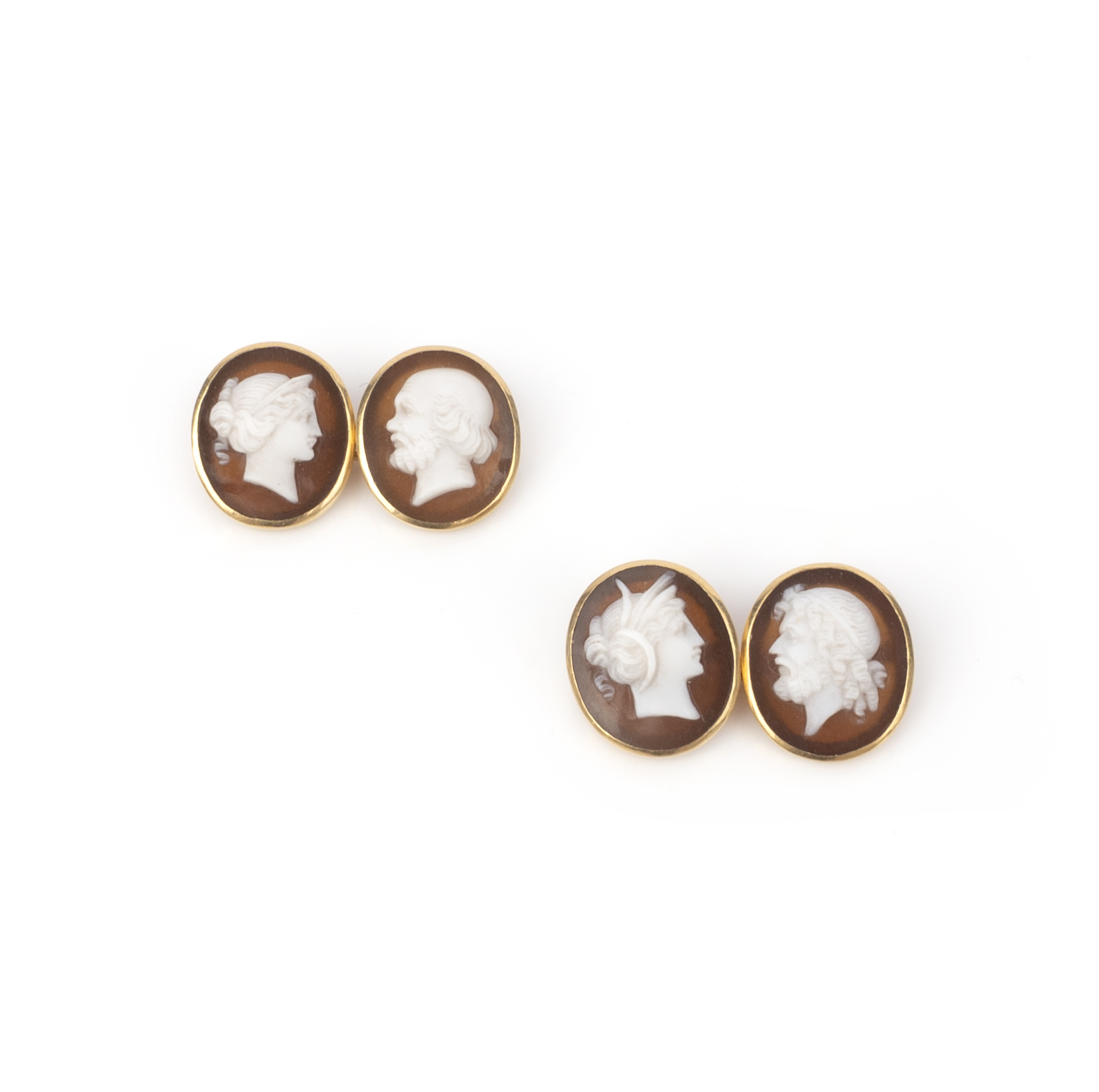 A pair of shell cameo cufflinks, late 19th century, each end set with a conch shell cameo of a