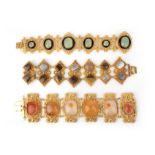 Three hardstone bracelets, mid 19th century, comprising: a bracelet set with oval chrysoprase