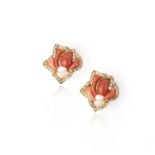 λ A pair of coral and diamond ear clips, each of abstract design, set with sections of polished