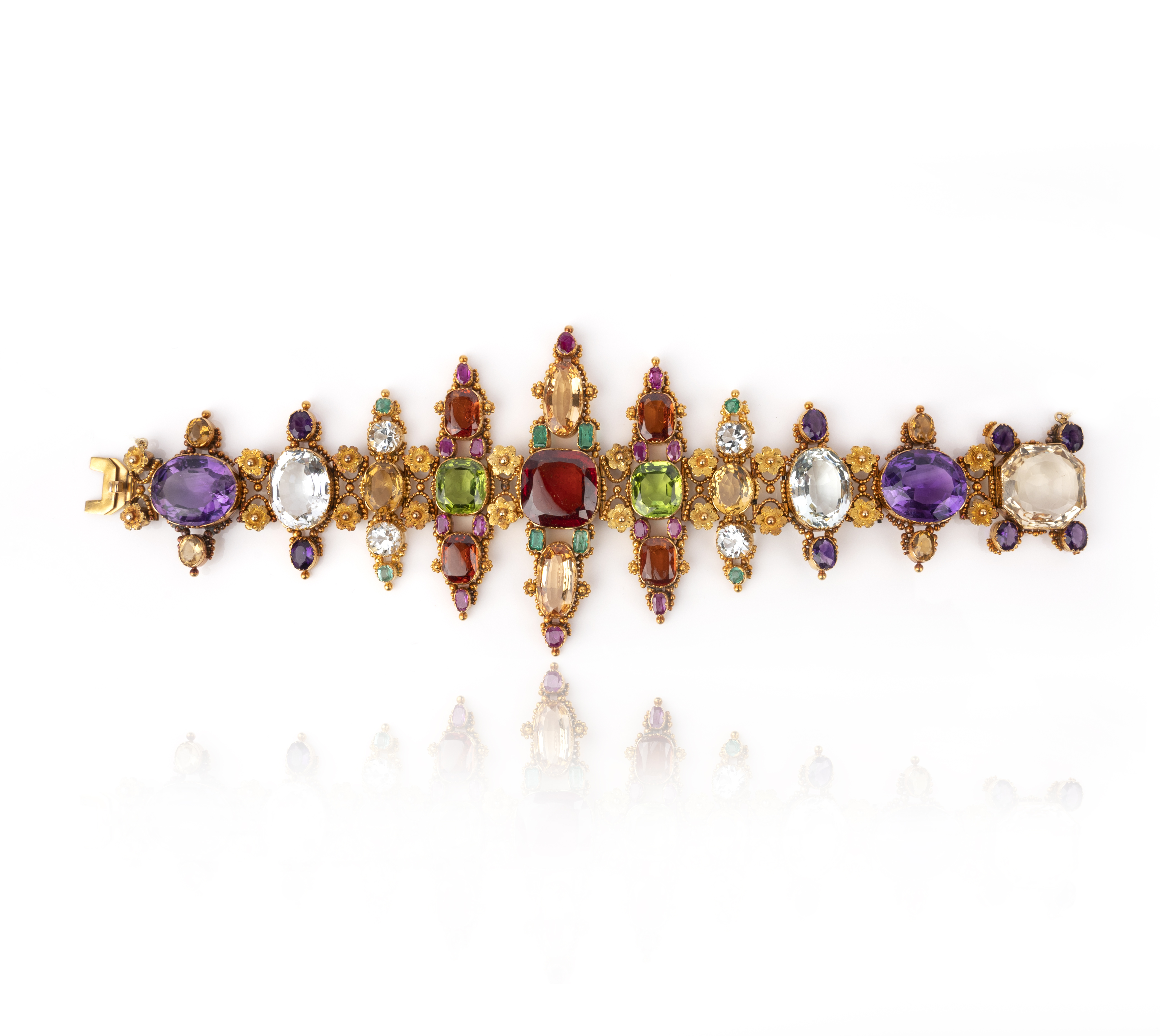 A fine gold and gem-set bracelet, 1830s, composed of graduated vertical bar-shaped links set with - Image 2 of 2