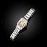 Cartier, a stainless steel 'Santos' wristwatch, the square white enamel dial with Roman numeral