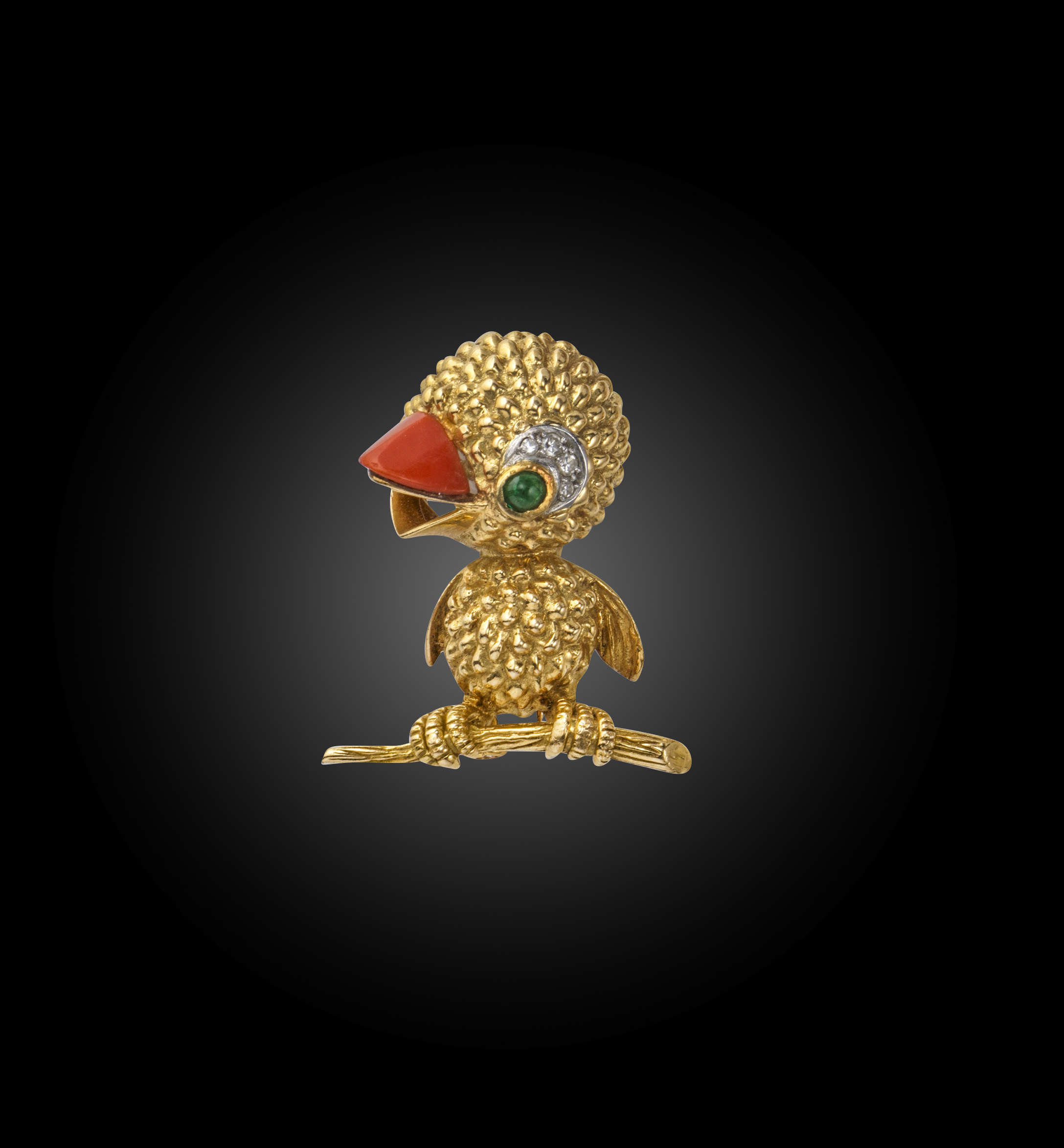 λ Jacques Lacloche, an emerald, coral and diamond brooch, mid 20th century, designed as a chick in