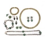 A collection of jewellery including a dyed green chalcedony demi-parure,