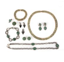 A collection of jewellery including a dyed green chalcedony demi-parure,