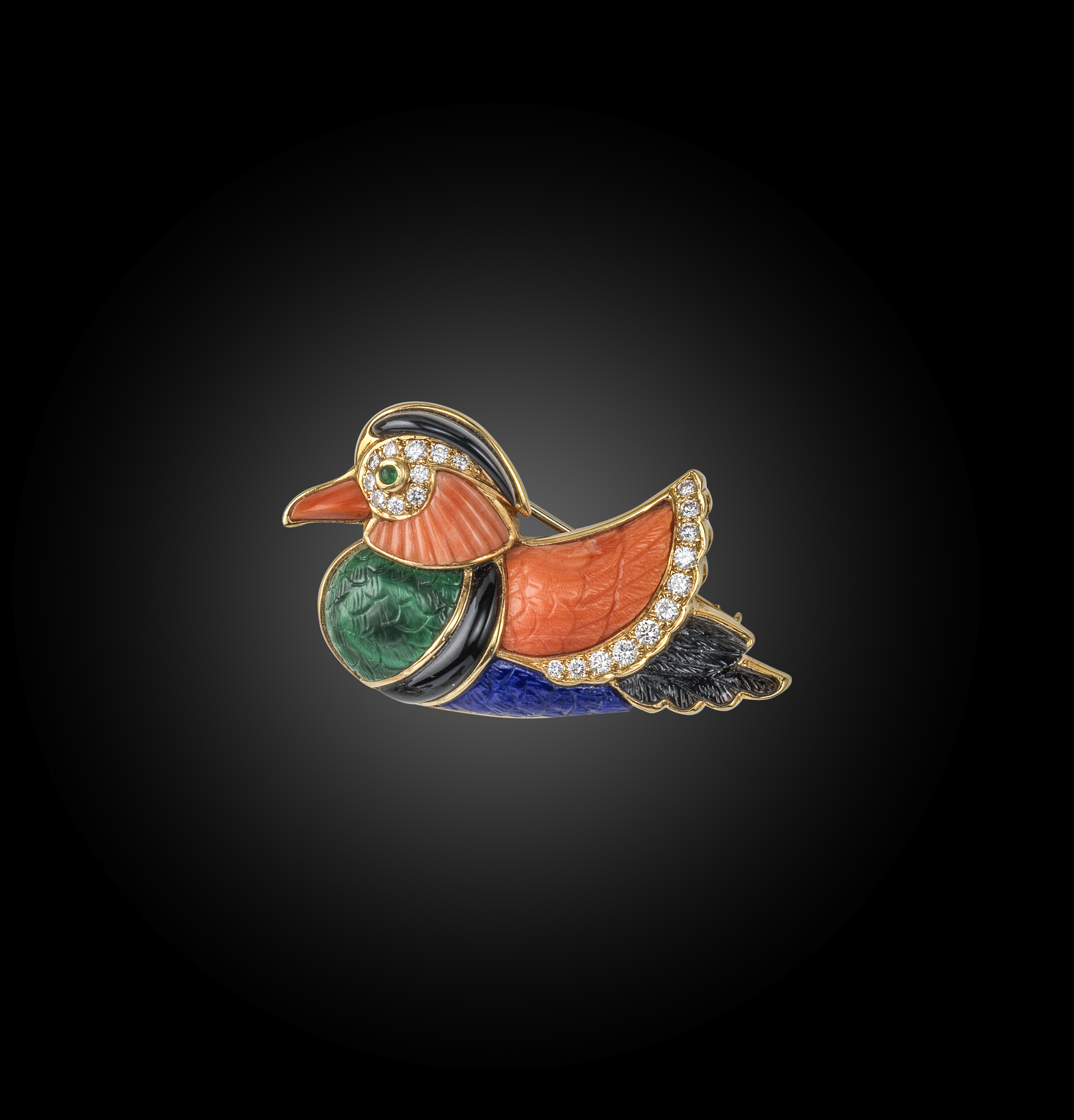 λ Van Cleef & Arpels, a gem-set madarin duck brooch, C1960, the stylised duck set with carved coral,