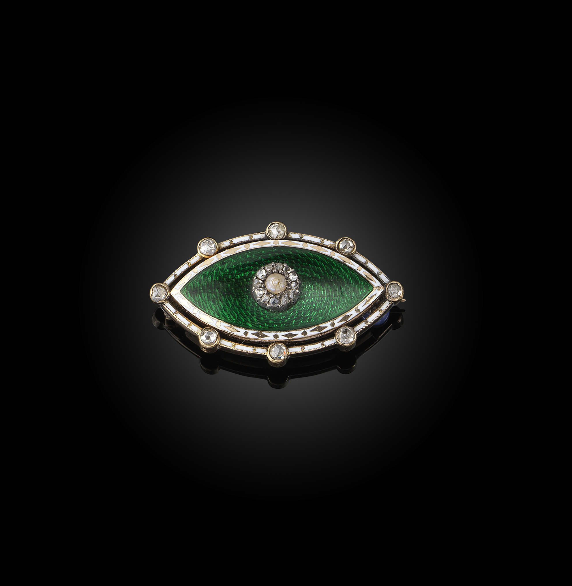 A late Victorian enamel and diamond brooch, the green guillochè lozenge set with a pearl and diamond