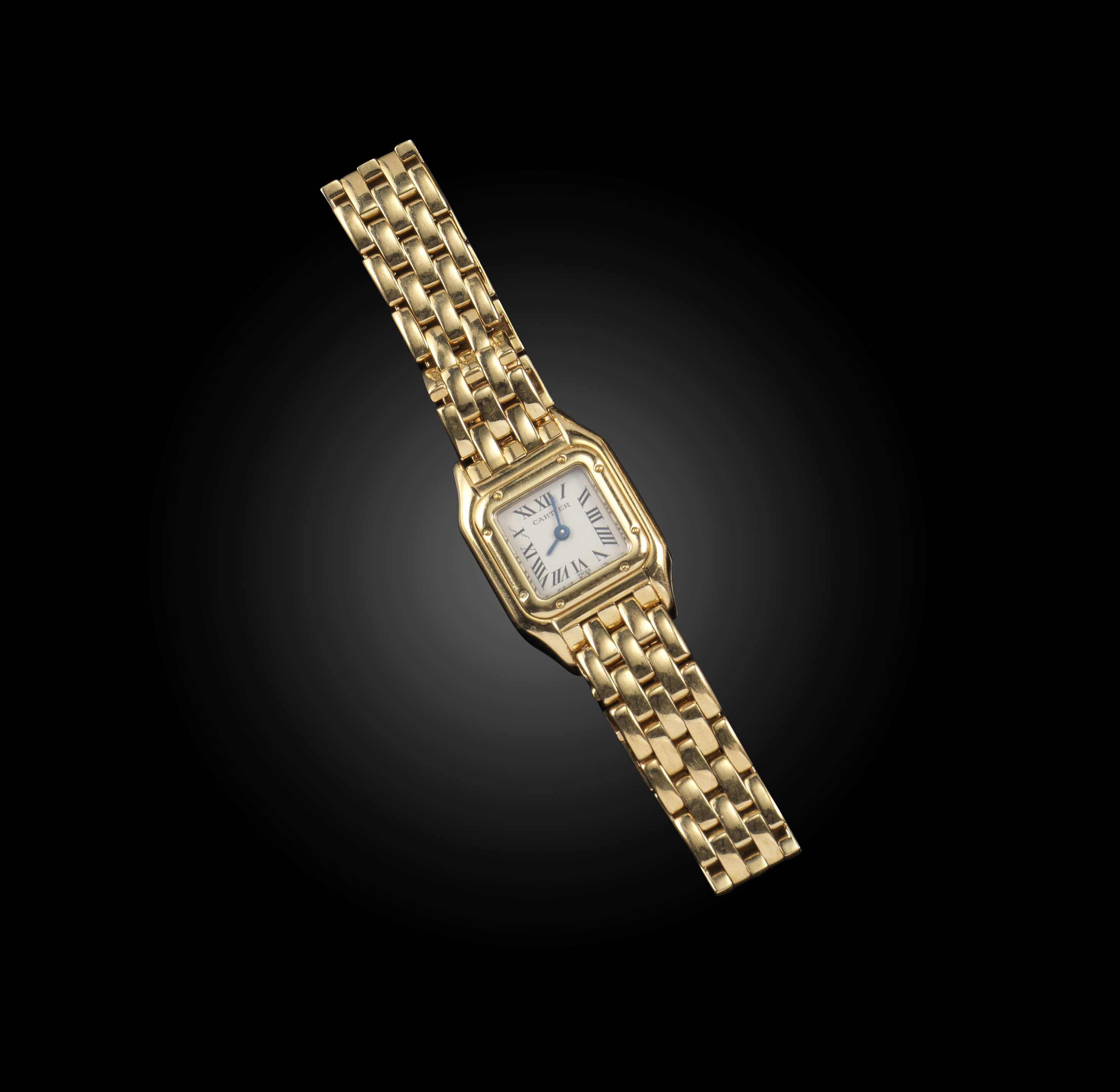 Cartier, a lady's gold wristwatch, 'Mini Panthère' ref. 1130, the square dial in cream enamel with