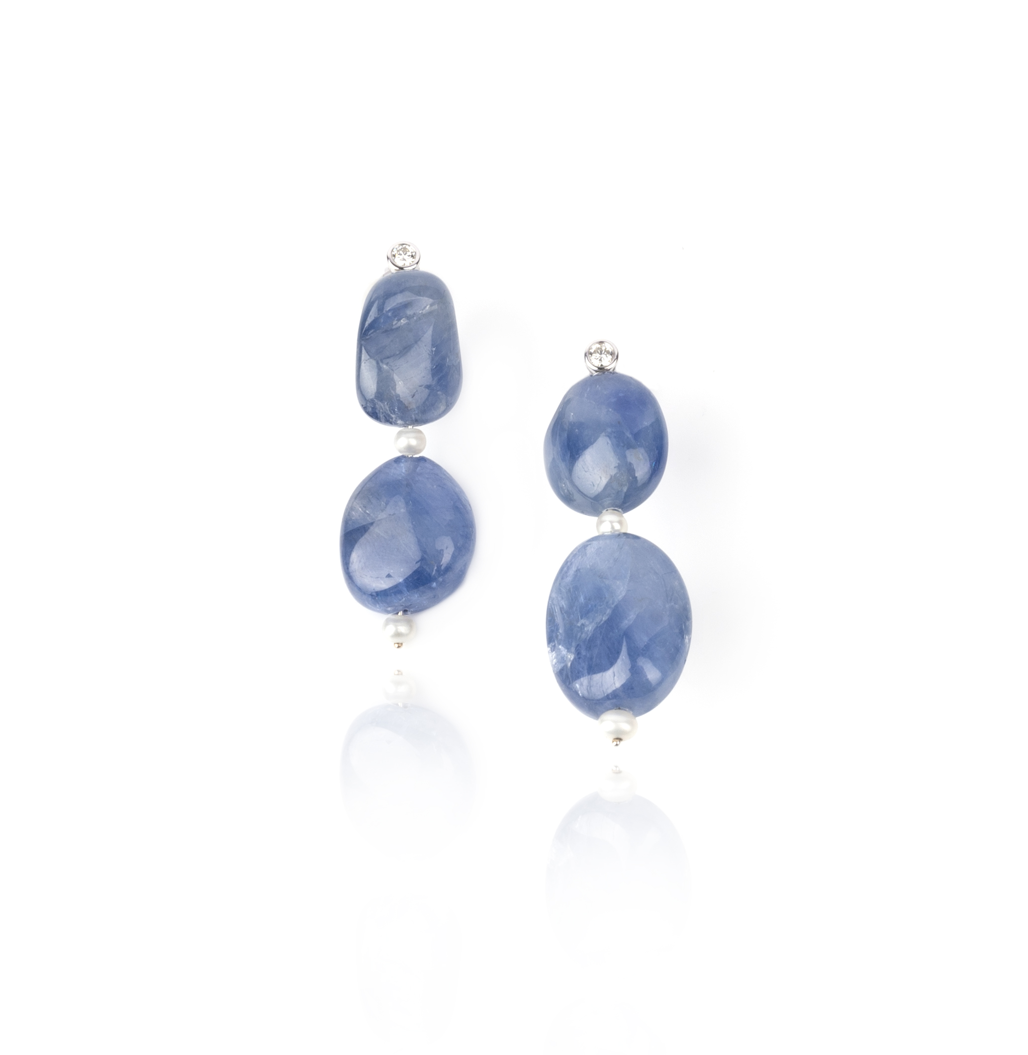 A pair of sapphire, cultured pearl and diamond earrings, each of pendent design, composed of one