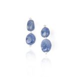 A pair of sapphire, cultured pearl and diamond earrings, each of pendent design, composed of one