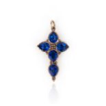A George III blue paste cross pendant, set in closed-back yellow gold setting, length 4cm