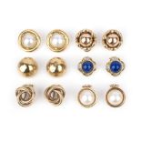 Six pairs of gold ear clips, comprising: one pair set with mabé cultured pearls within an 18ct