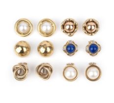 Six pairs of gold ear clips, comprising: one pair set with mabé cultured pearls within an 18ct
