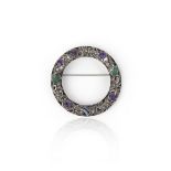 An Arts & Crafts silver, gem-set and marcasite brooch, early 20th century, of annular design, the