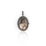 A pietra dura locket pendant/brooch, of oval outline, depicting a boy playing a flute in hardstone