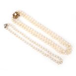 Two cultured pearl necklaces, one designed as a single strand of cultured pearls, with a circular-