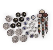 Four sets of buttons and a hardstone chatelaine, 19th century, comprising: a set of six lacquered
