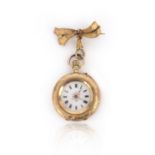 A gold pocket watch, the white enamel dial with black Roman numeral indicators and gold and red