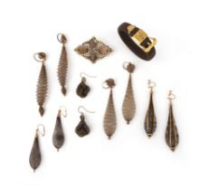 A group of hairwork jewellery, 19th century, comprising: five pairs of earrings, including one