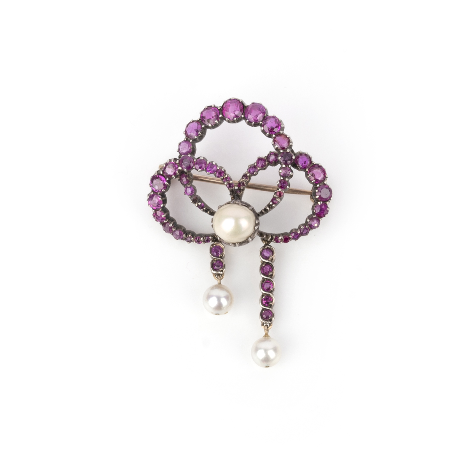 A late 19th century (composite) pink sapphire and cultured pearl brooch, the three interlocking