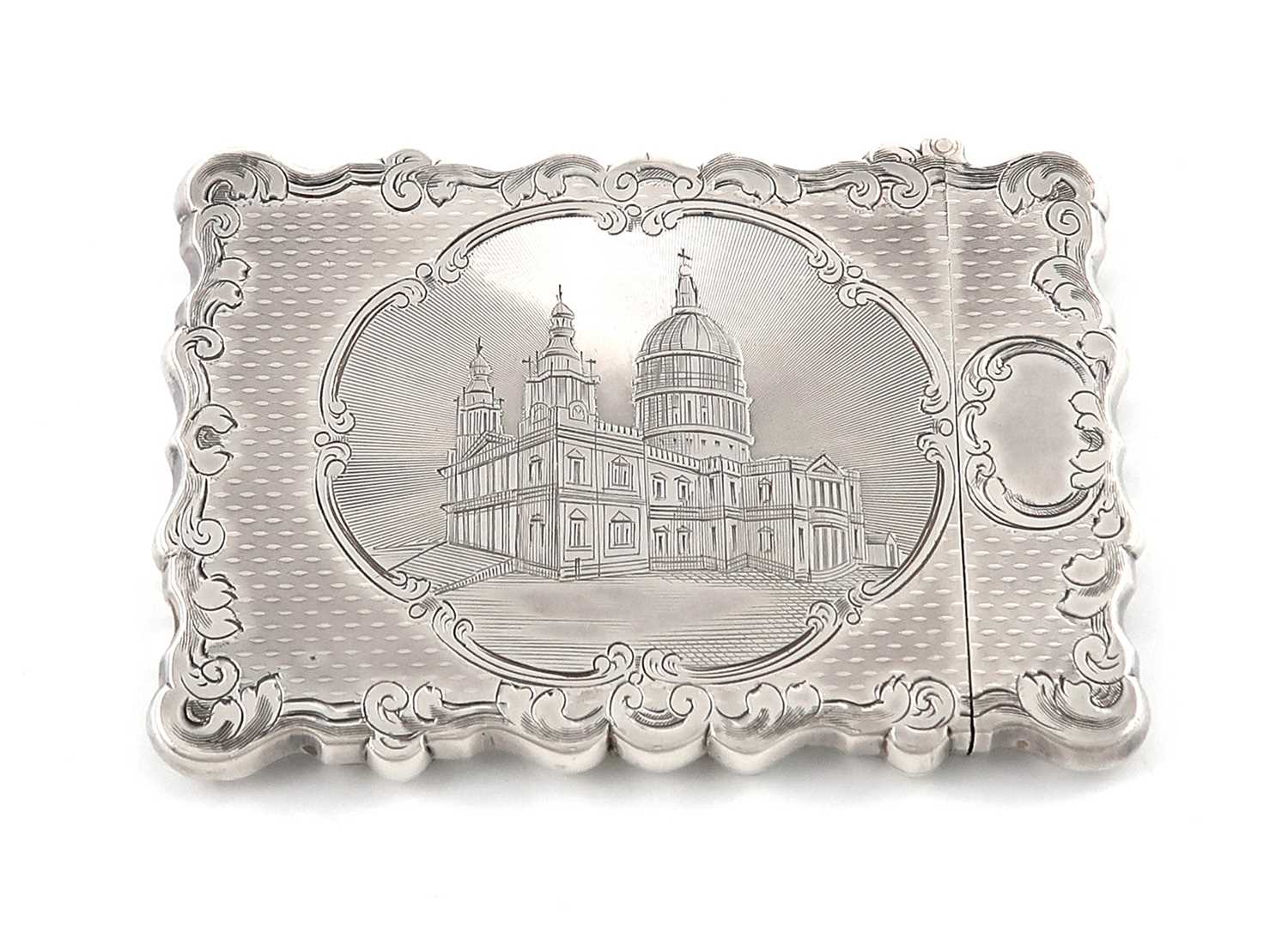 A Victorian silver engraved 'castle-top' card case, St Paul's Cathedral, by Nathaniel Mills,
