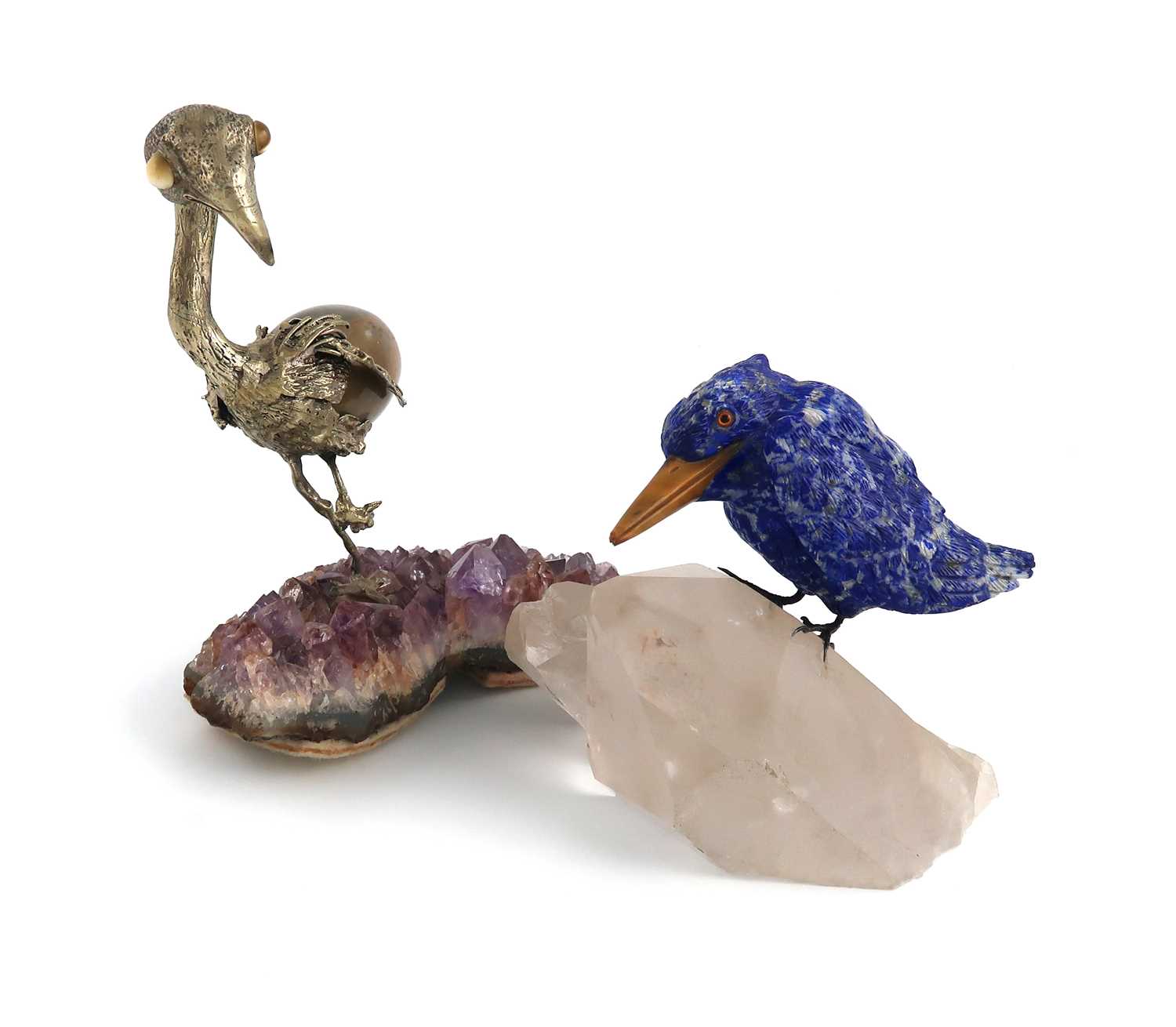 A cast gilt metalware mounted bird, together with a carved hardstone bird,one possibly modelled as a