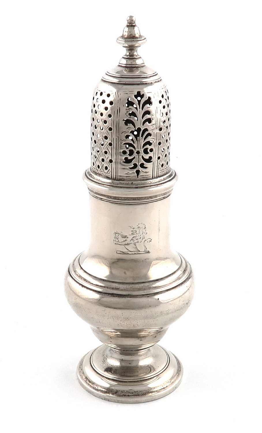 A George II silver sugar caster, by Samuel Wood, London 1750,baluster form, pull-off pierced cover