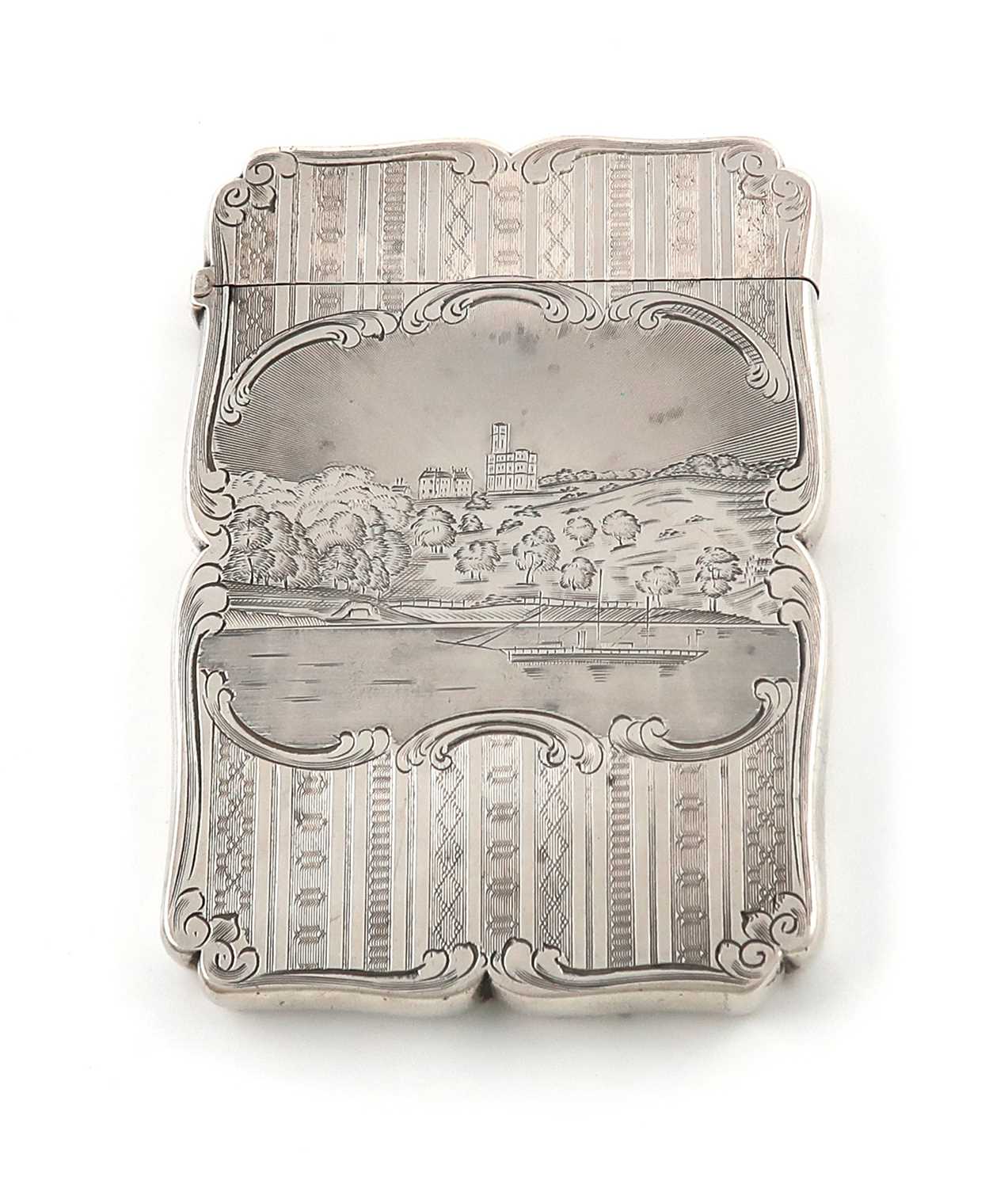 A Victorian silver engraved 'castle-top' card case, Osborne House,by Nathaniel Mills, Birmingham