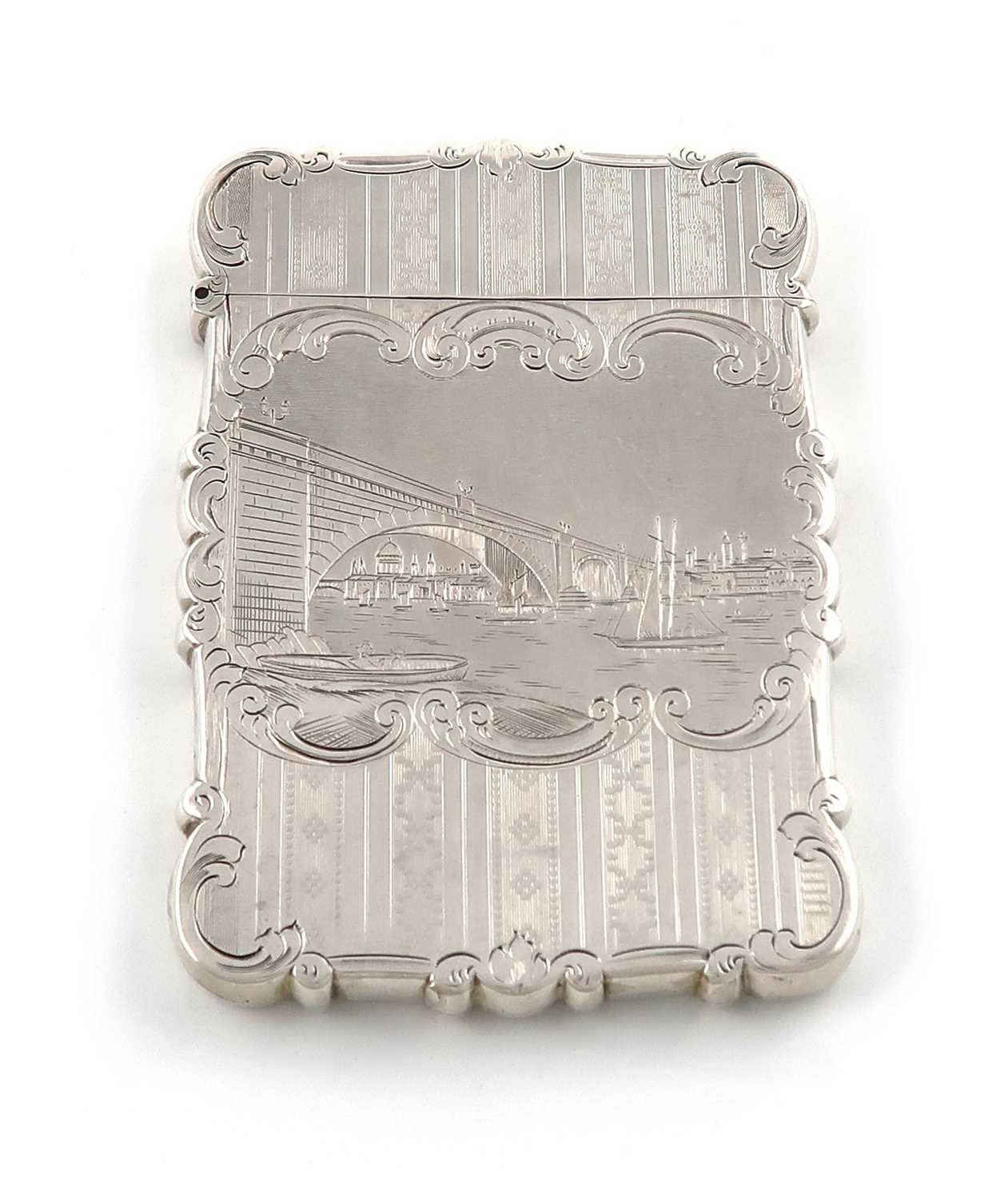 A Victorian silver engraved 'castle-top' card case, London Bridge, by Nathaniel Mills, Birmingham