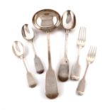 A collection of antique silver Fiddle pattern flatware,various dates and makers,comprising: eleven