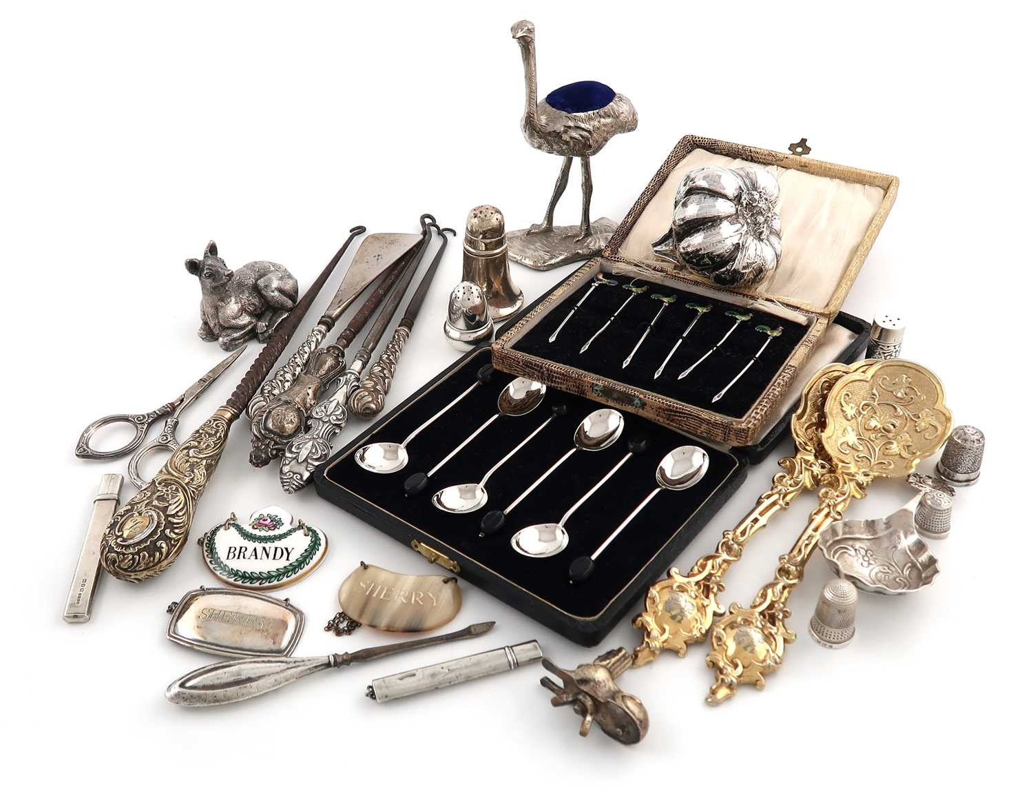 A mixed lot of silver and electroplated items,comprising: a cased set of six silver and enamel