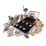 A mixed lot of silver and electroplated items,comprising: a cased set of six silver and enamel