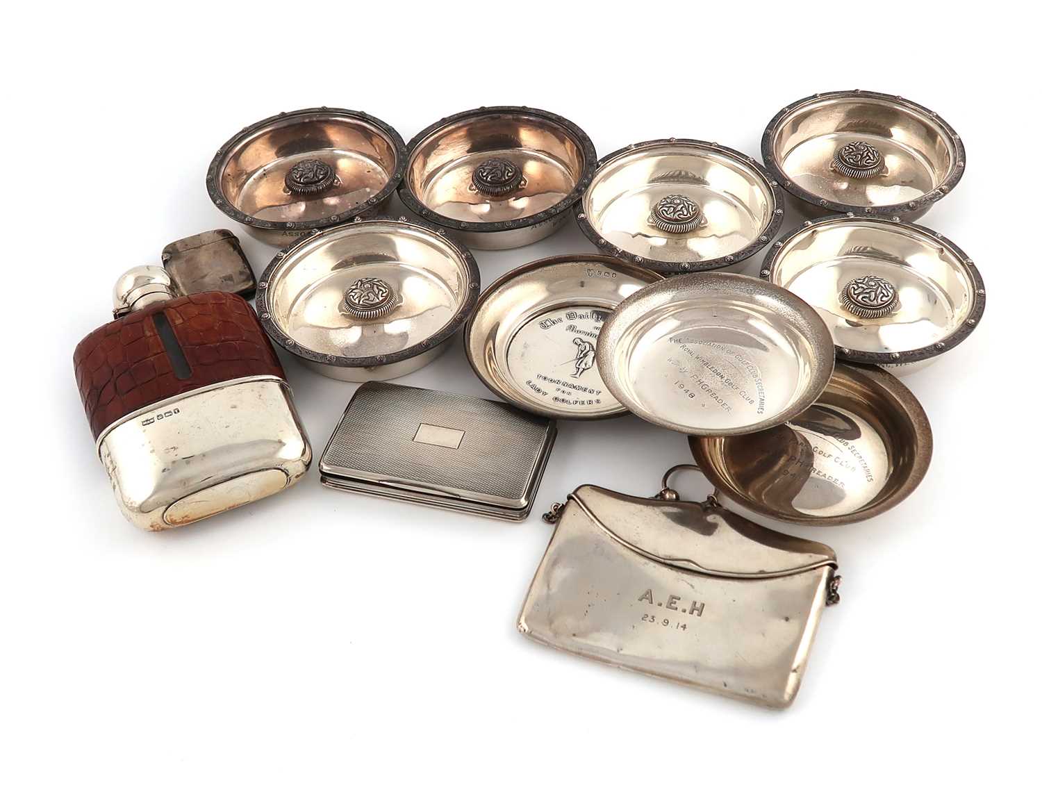 λ λA mixed lot of silver items,various dates and makers,comprising: a silver hipflask, by Mappin and