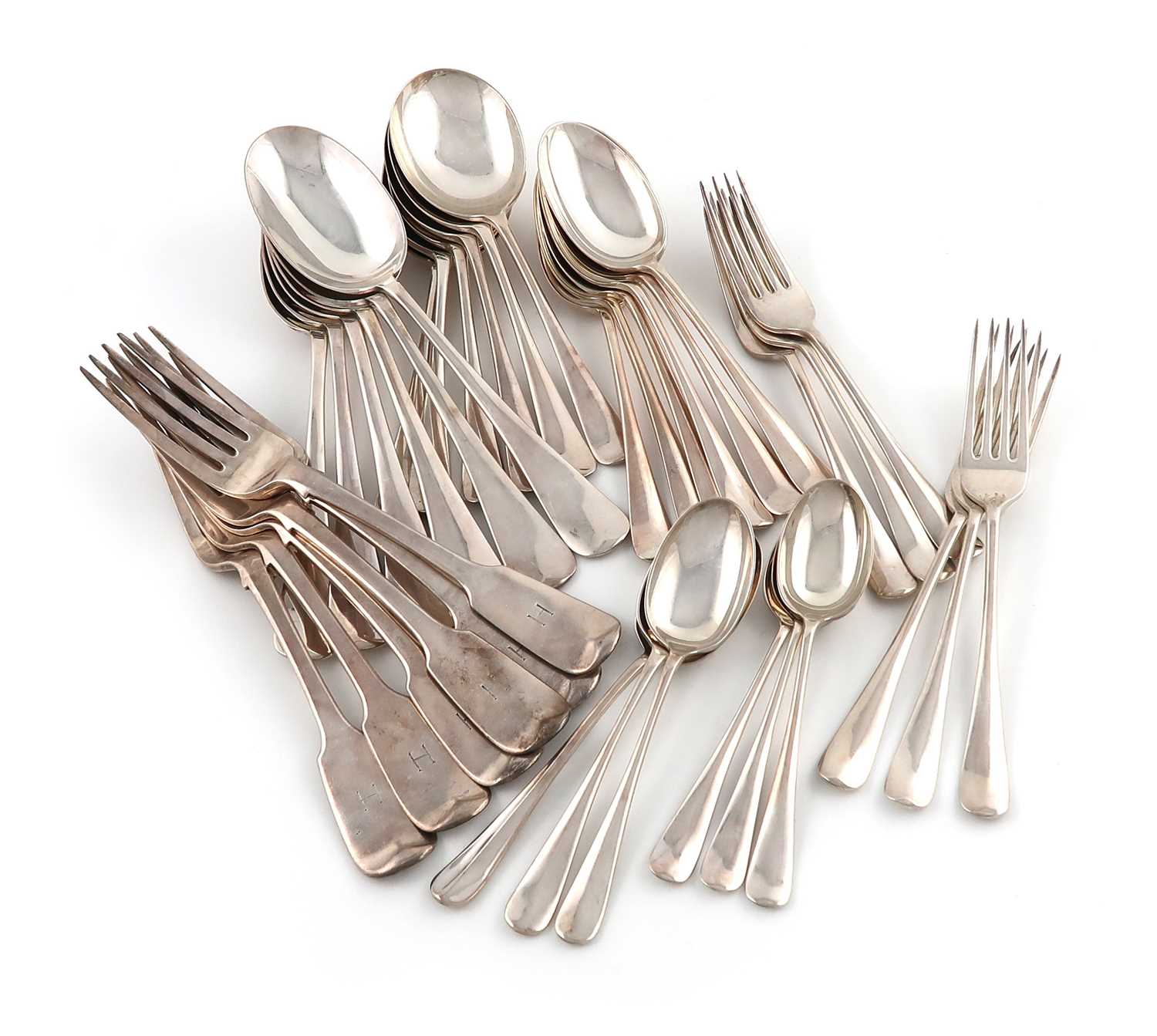A mixed lot of silver flatware,various dates and makers,comprising: a set of six Fiddle pattern