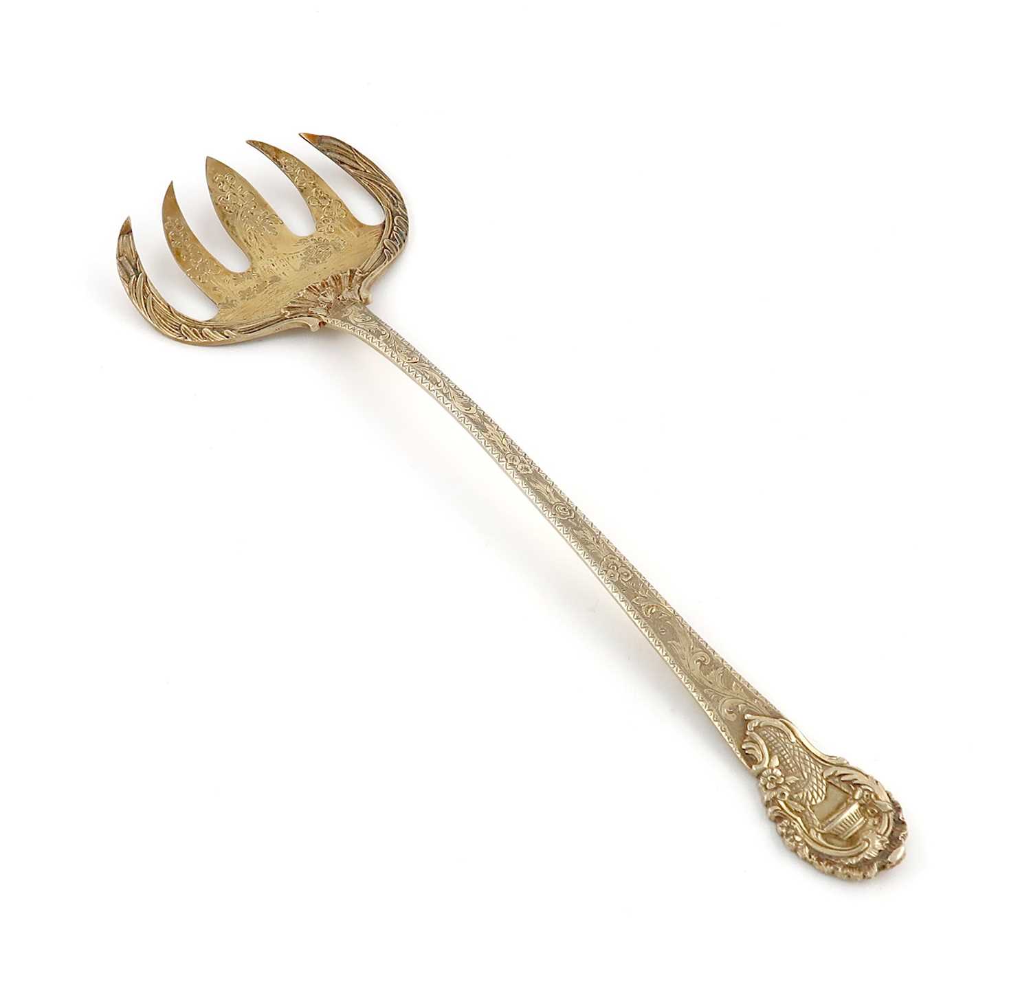 A large late-Victorian silver-gilt fish serving fork,by Thomas Bradbury & Sons Ltd, London 1882,five