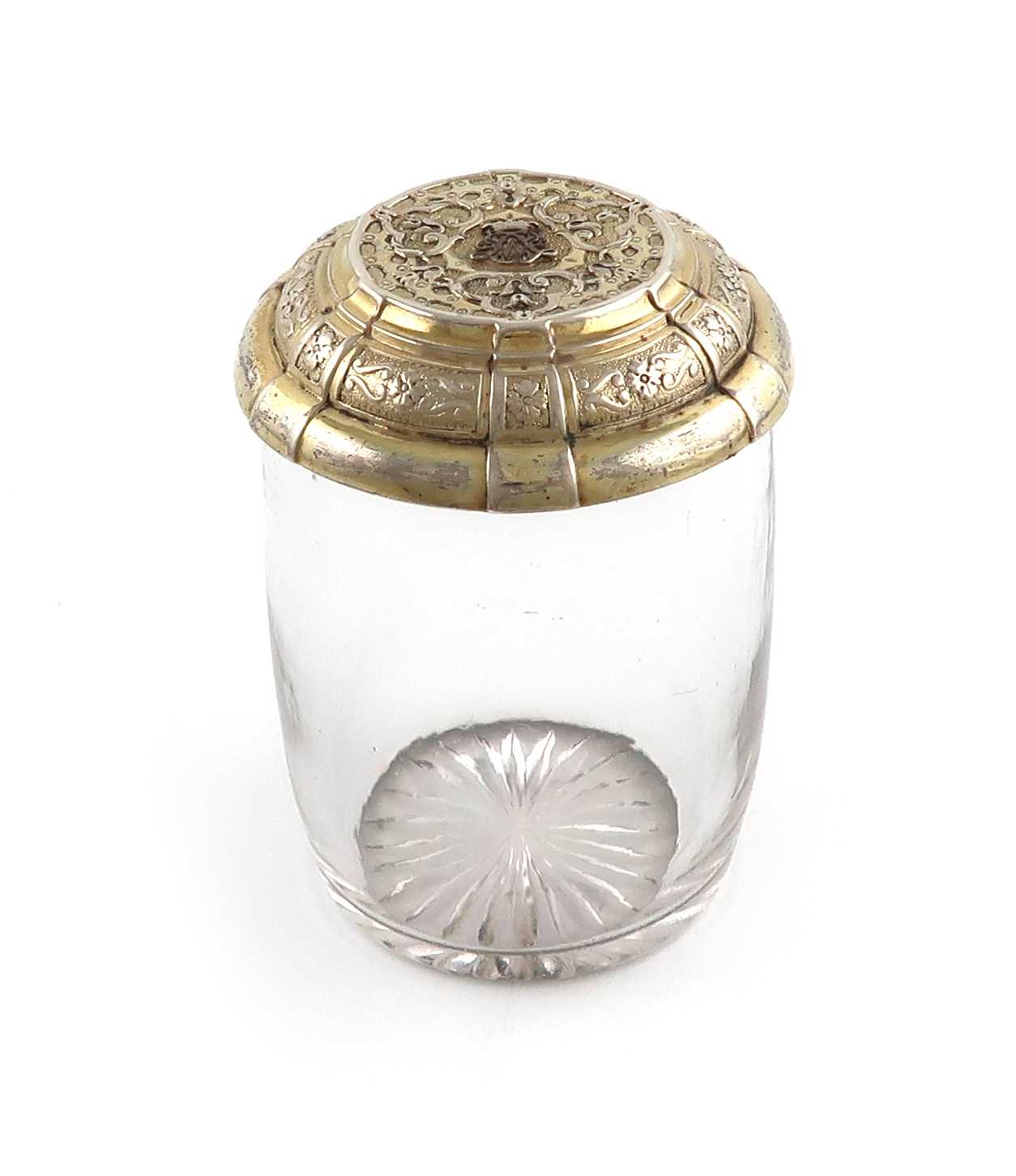 A Victorian silver-gilt mounted toilet jar,by Robert Garrard, London 1841,cylindrical form, the