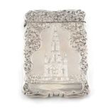 A Victorian silver engraved 'castle-top' card case, The Scott Monument, Edinburgh,by Nathaniel