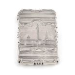 A Victorian silver engraved 'castle top' card case, Trafalgar Square, by Nathaniel Mills, Birmingham