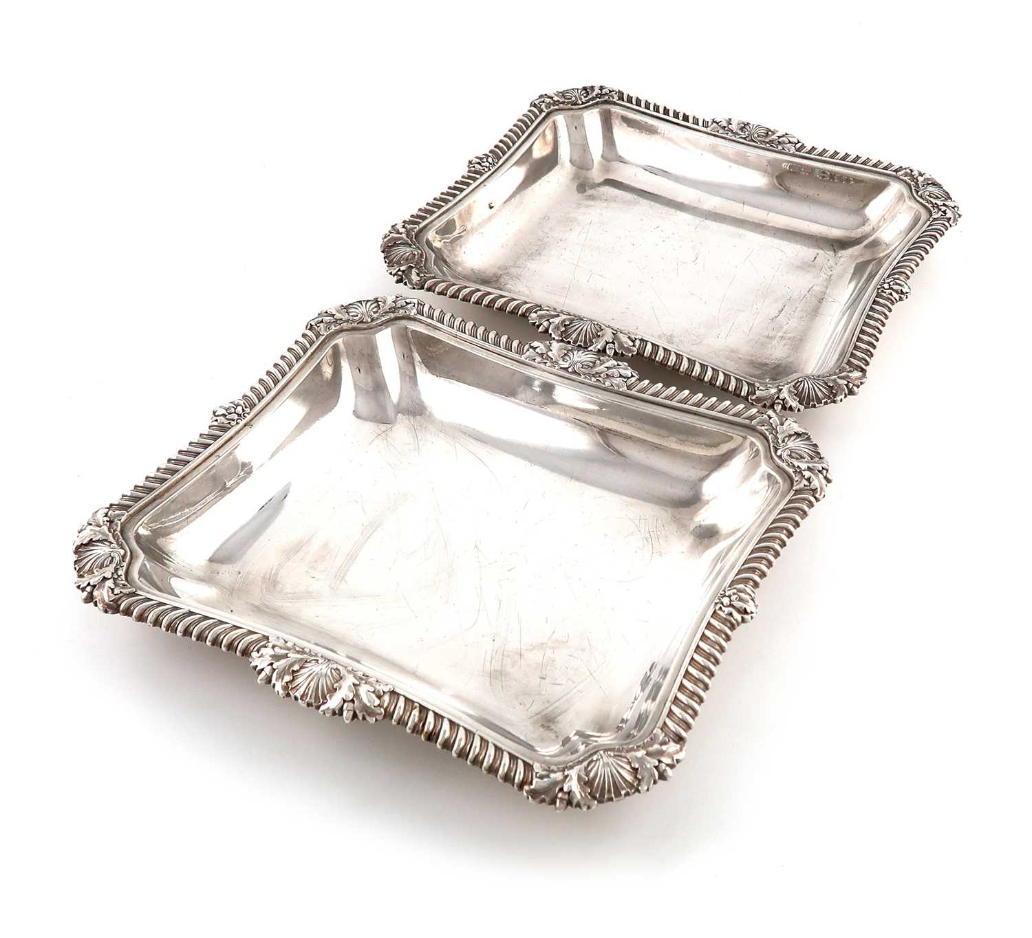 A pair of George IV silver entrée dishes, by John Bridge, London 1829, shaped rectangular form,