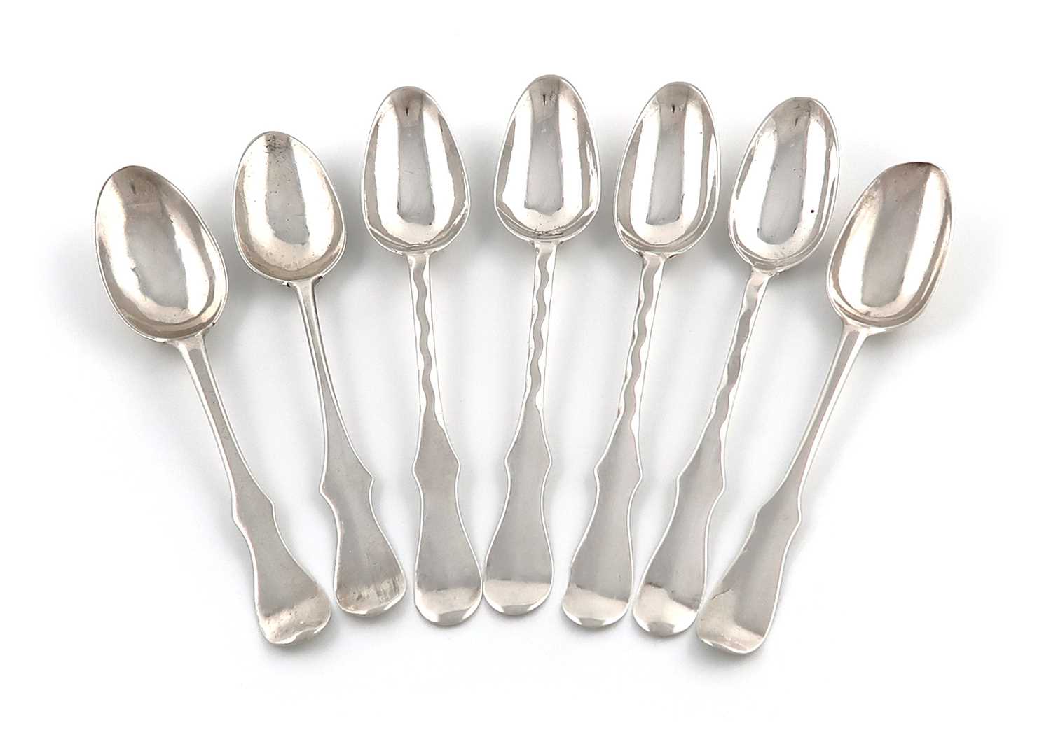 A collection of seven George III Scottish silver Fiddle pattern teaspoons, Edinburgh, various