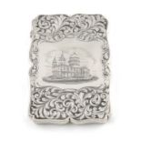 A Victorian silver engraved 'castle-top' card case, St. Paul's Cathedral, by Nathaniel Mills,